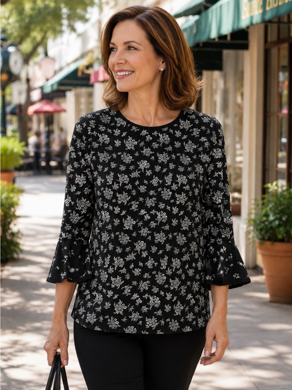 Michael Kors Black White Floral Bell Sleeve Crew Neck Stretch Top Women's Small